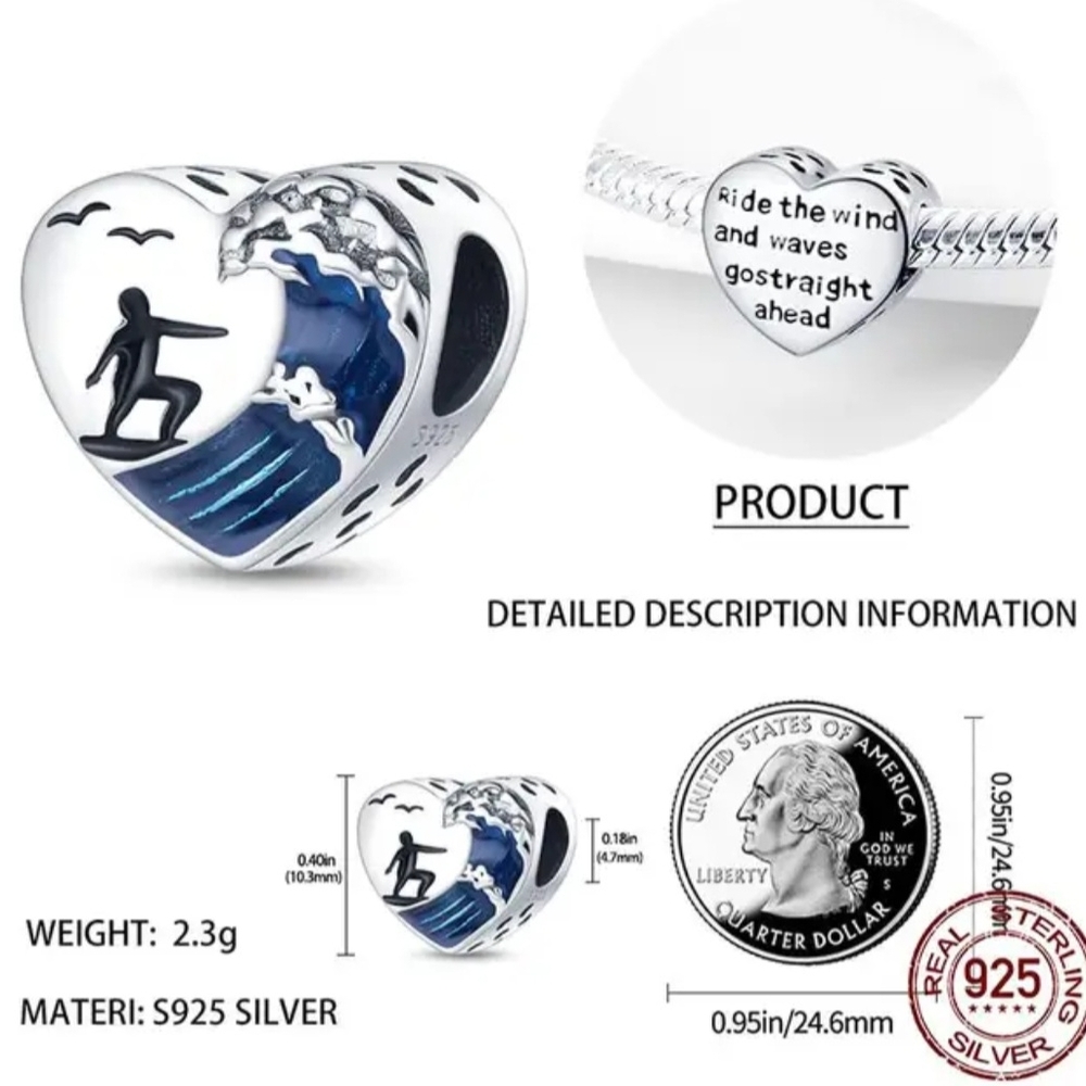 Surfing Heart Blue Silver 925 Connector Bracelet Charm